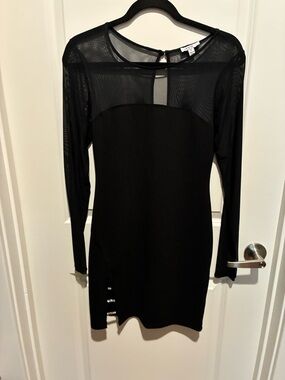 Black Sheer-Yoke Long Sleeve Bodycon Dress